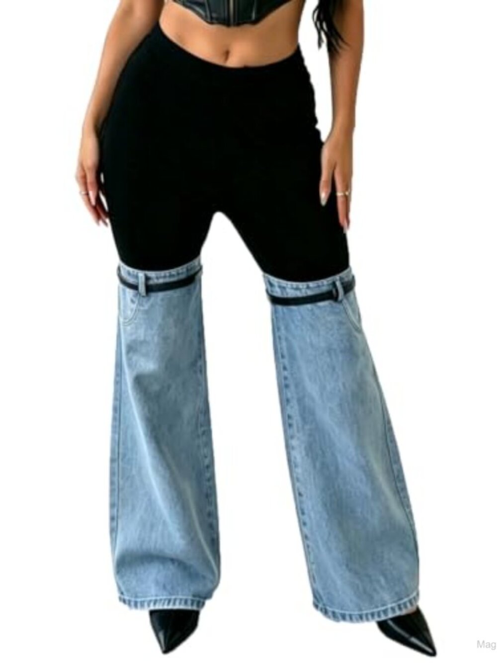 High Waisted Color Block Flare Jeans Stretch Casual Party
